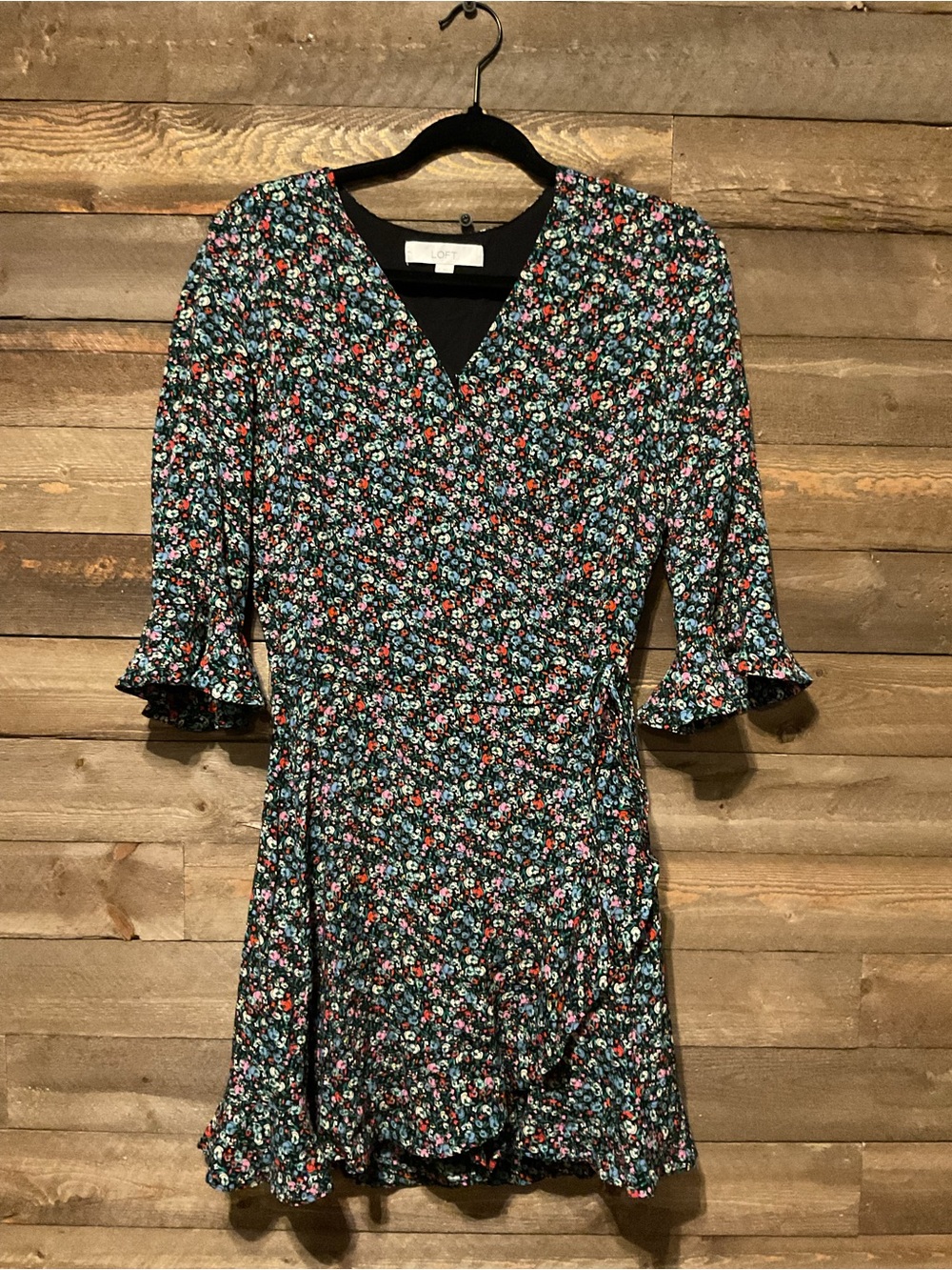 LOFT Women’s Black Blue And Pink Floral Wrap Ruffled Dress Size XS
